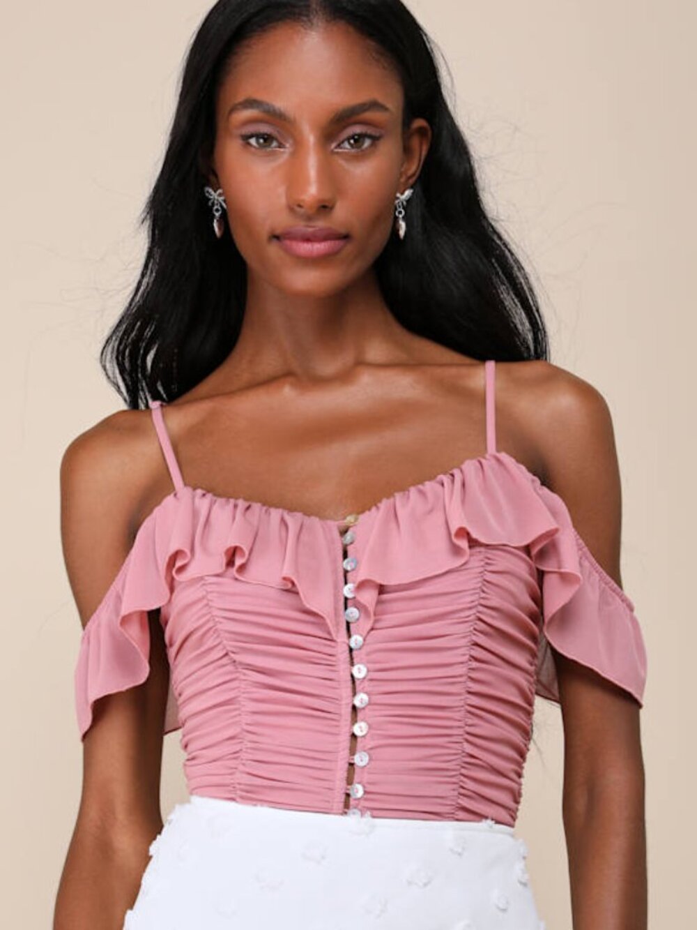 Lulus Elegant Posture Mauve Pink Mesh Ruched Cold-shoulder Bodysuit - Size S